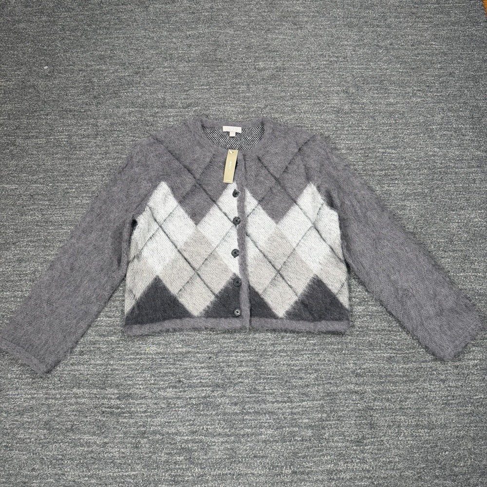 J Crew Argyle Cardigan Sweater Women Medium Gray Fuzzy Alpaca Preppy Lightweight - Picture 2 of 11